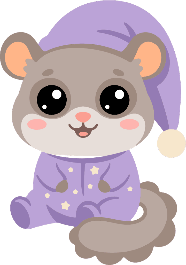 pyjou, a baby dormouse in lavender pajamas and a nightcap
